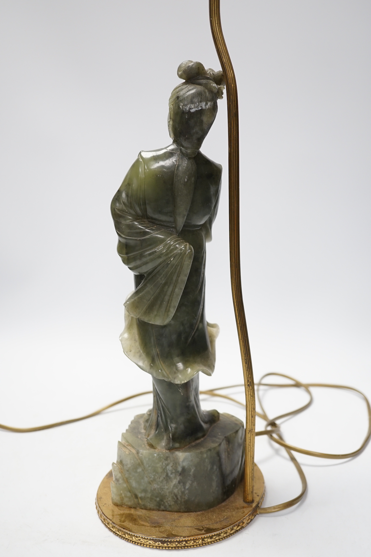 A Chinese carved soapstone figural lamp, 48cm total